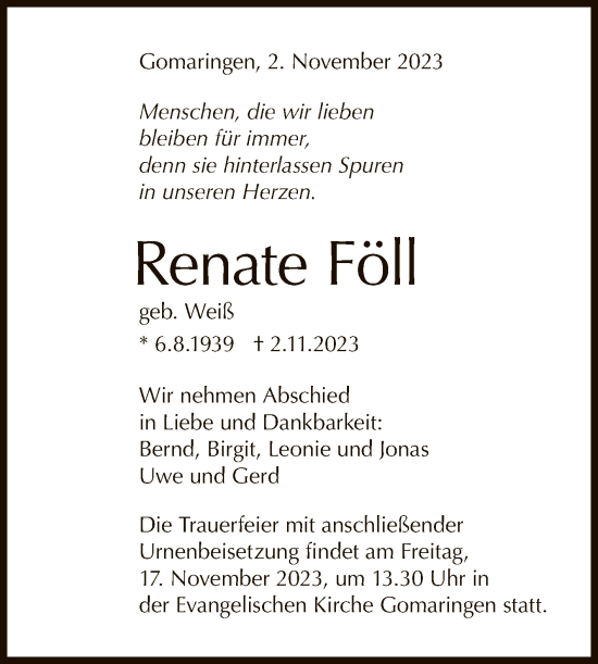 Anzeige von Renate Föll von Reutlinger General-Anzeiger