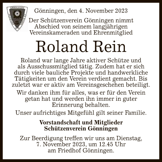 Anzeige von Roland Rein von Reutlinger General-Anzeiger