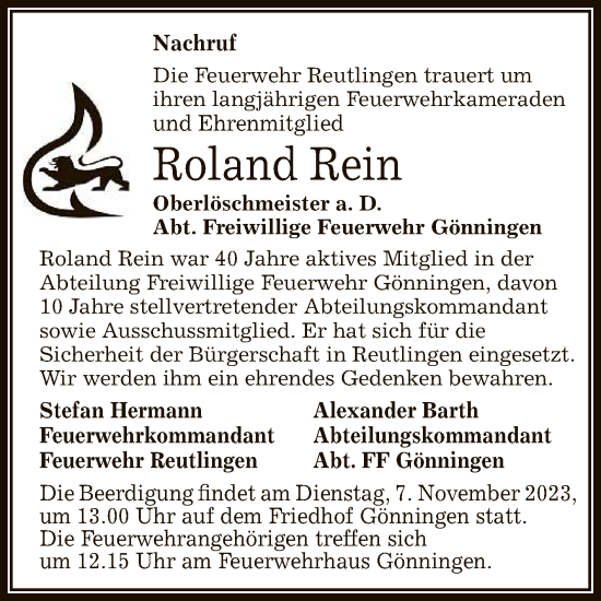 Anzeige von Roland Rein von Reutlinger General-Anzeiger