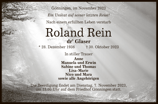 Anzeige von Roland Rein von Reutlinger General-Anzeiger