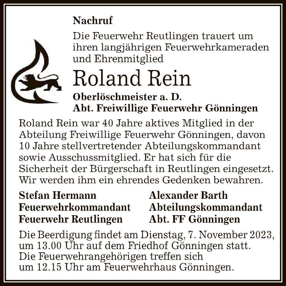  Traueranzeige für Roland Rein vom 03.11.2023 aus Reutlinger General-Anzeiger