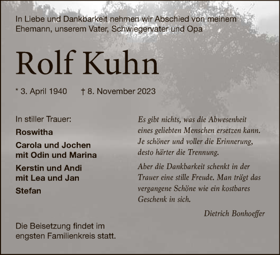 Anzeige von Rolf Kuhn von Reutlinger General-Anzeiger