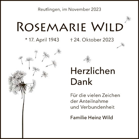 Anzeige von Rosemarie Wild von Reutlinger General-Anzeiger