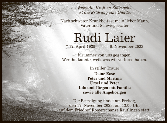Anzeige von Rudi Laier von Reutlinger General-Anzeiger