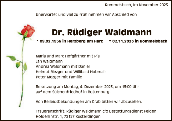 Anzeige von Rüdiger Waldmann von Reutlinger General-Anzeiger