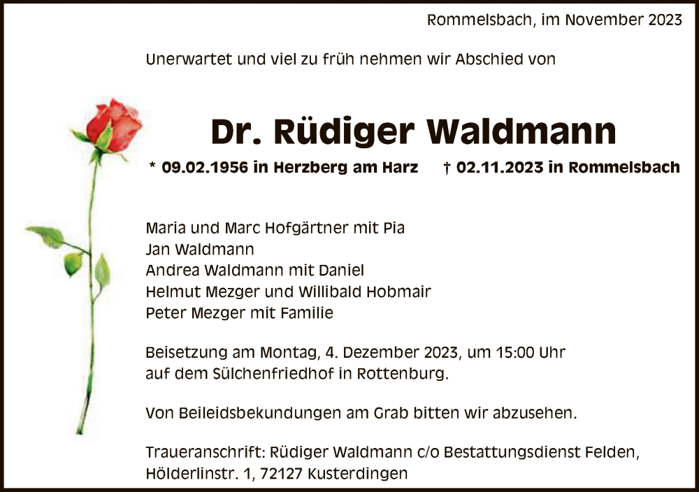  Traueranzeige für Rüdiger Waldmann vom 18.11.2023 aus Reutlinger General-Anzeiger