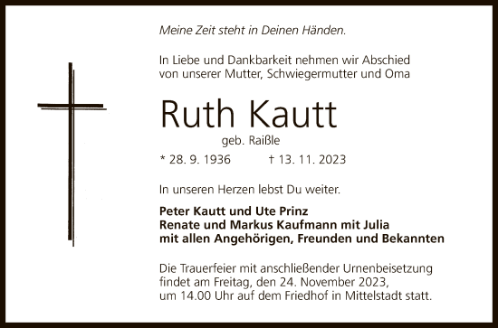 Anzeige von Ruth Kautt von Reutlinger General-Anzeiger