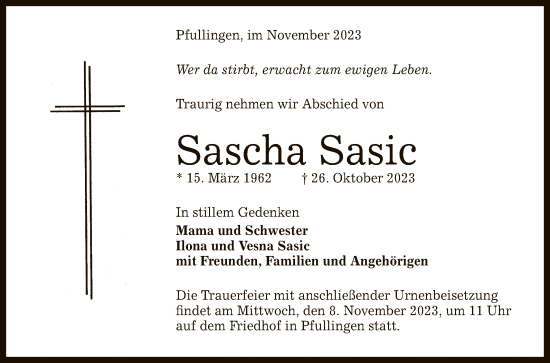 Anzeige von Sascha Sasic von Reutlinger General-Anzeiger