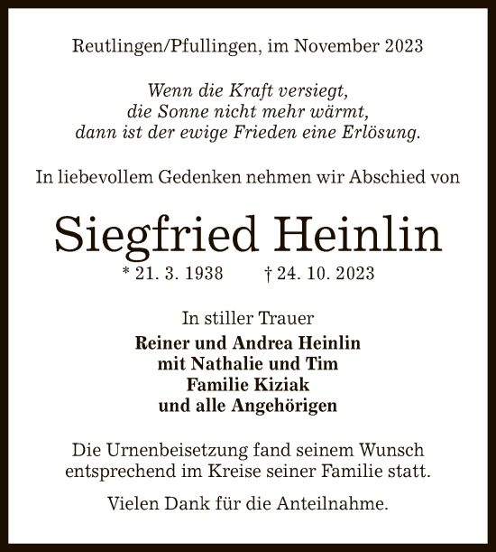 Anzeige von Siegfried Heinlin von Reutlinger General-Anzeiger