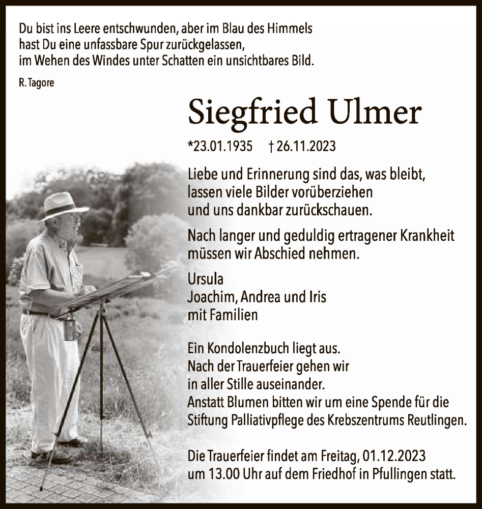  Traueranzeige für Siegfried Ulmer vom 29.11.2023 aus Reutlinger General-Anzeiger