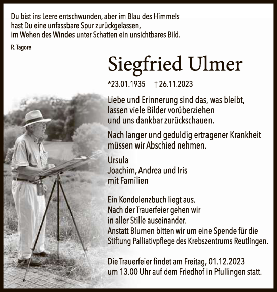 Anzeige von Siegfried Ulmer von Reutlinger General-Anzeiger