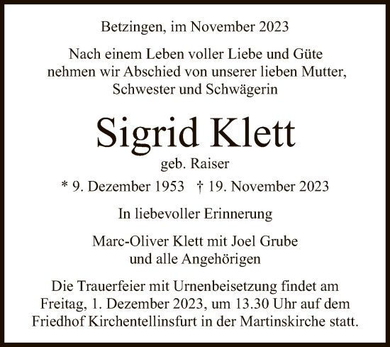 Anzeige von Sigrid Klett von Reutlinger General-Anzeiger