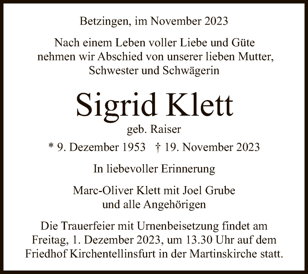  Traueranzeige für Sigrid Klett vom 28.11.2023 aus Reutlinger General-Anzeiger