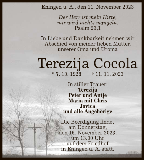 Anzeige von Terezija Cocola von Reutlinger General-Anzeiger