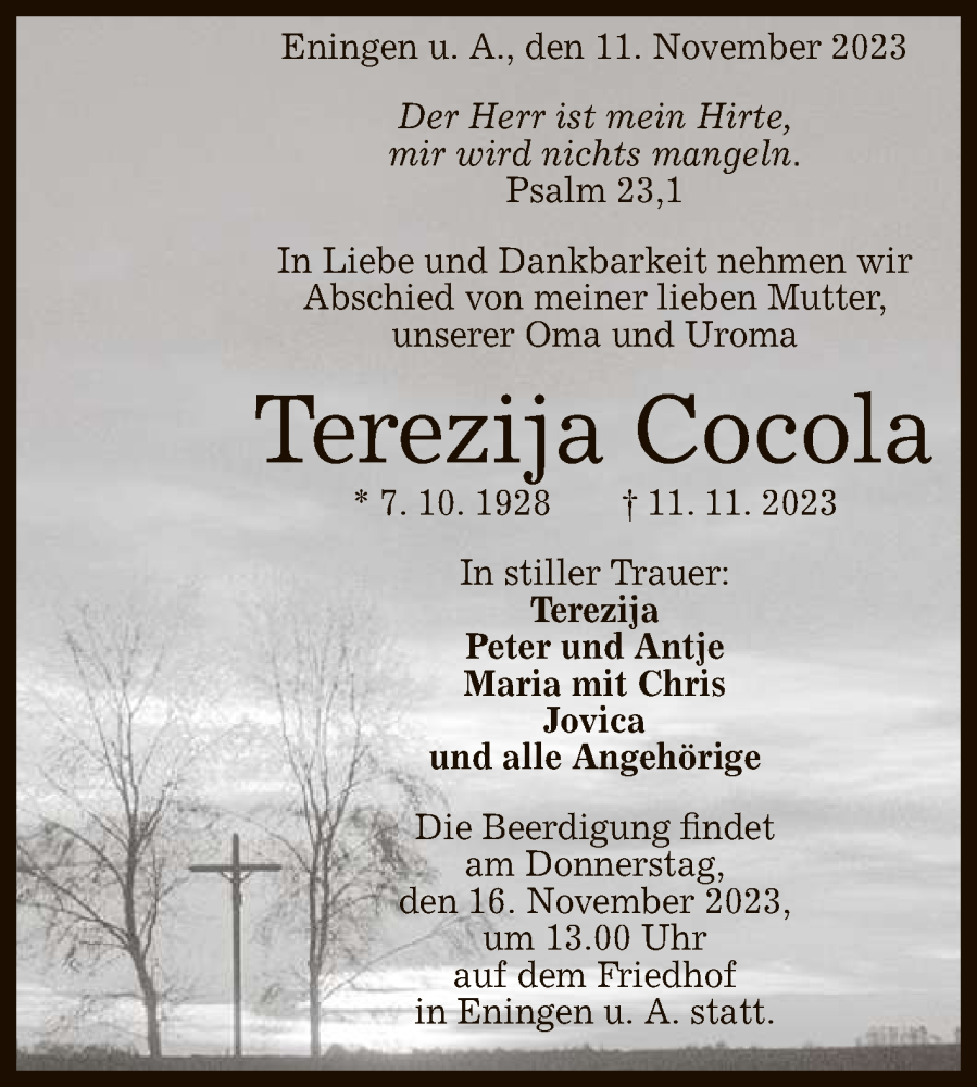  Traueranzeige für Terezija Cocola vom 14.11.2023 aus Reutlinger General-Anzeiger
