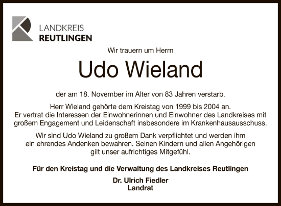 Anzeige von Udo Wieland von Reutlinger General-Anzeiger