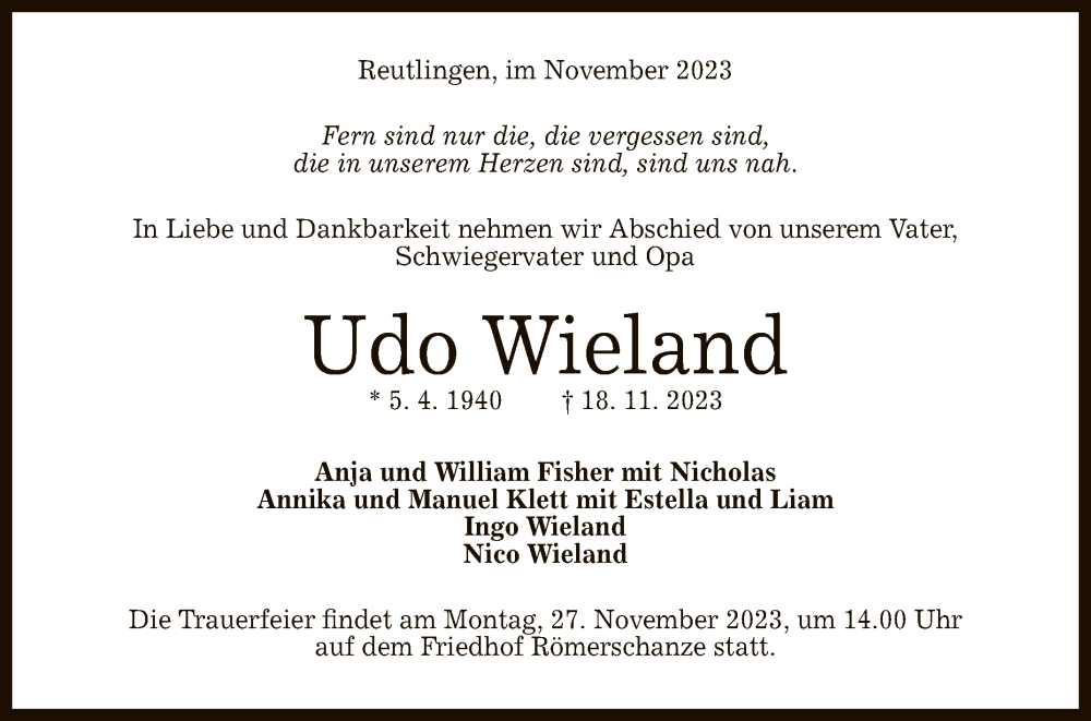  Traueranzeige für Udo Wieland vom 24.11.2023 aus Reutlinger General-Anzeiger