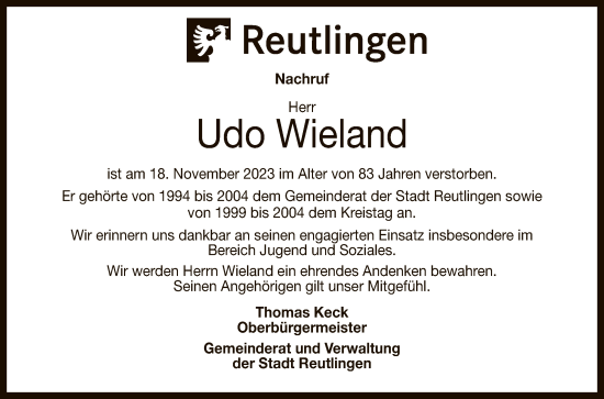 Anzeige von Udo Wieland von Reutlinger General-Anzeiger