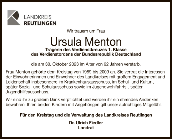 Anzeige von Ursula Menton von Reutlinger General-Anzeiger