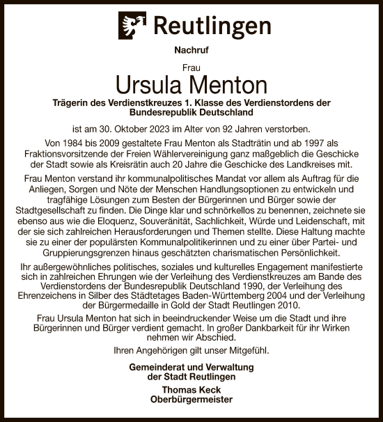 Anzeige von Ursula Menton von Reutlinger General-Anzeiger