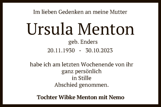 Anzeige von Ursula Menton von Reutlinger General-Anzeiger