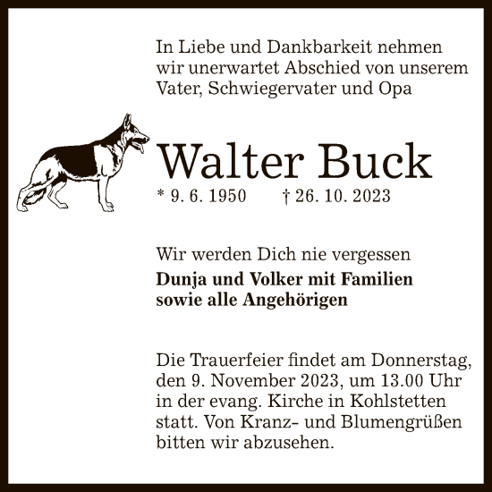 Anzeige von Walter Buck von Reutlinger General-Anzeiger