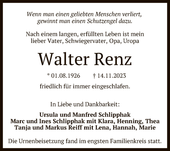 Anzeige von Walter Renz von Reutlinger General-Anzeiger