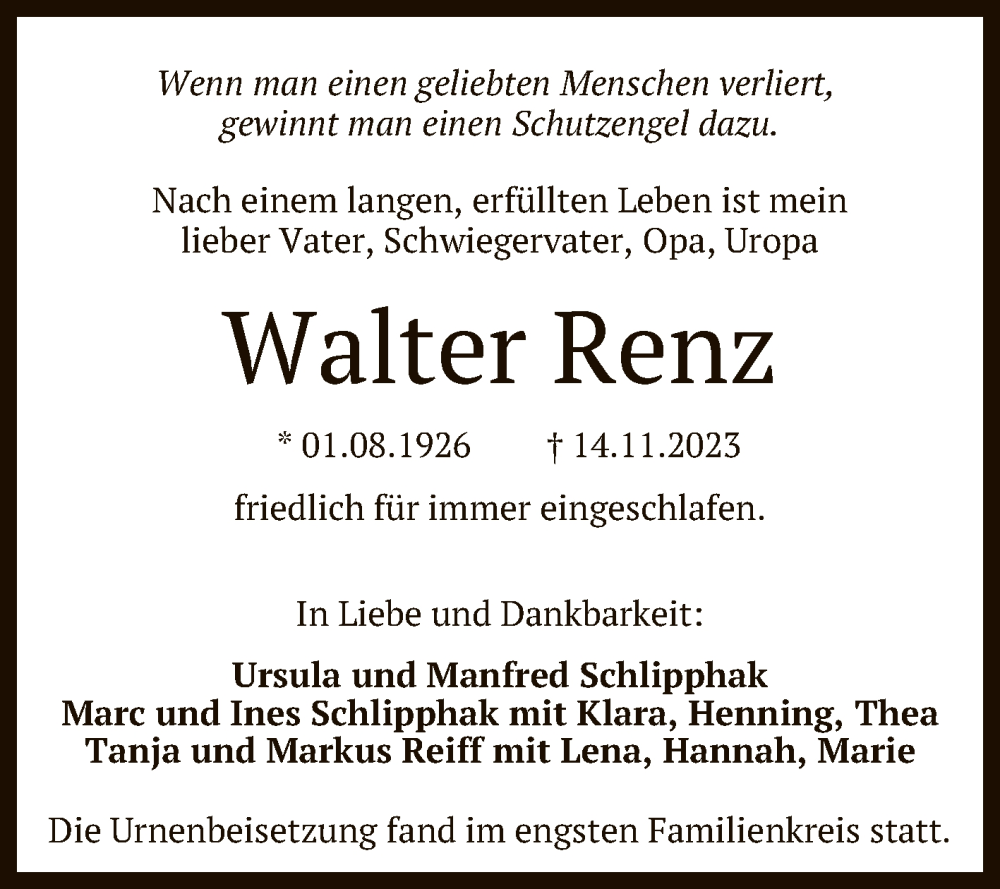  Traueranzeige für Walter Renz vom 24.11.2023 aus Reutlinger General-Anzeiger