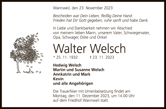 Anzeige von Walter Welsch von Reutlinger General-Anzeiger