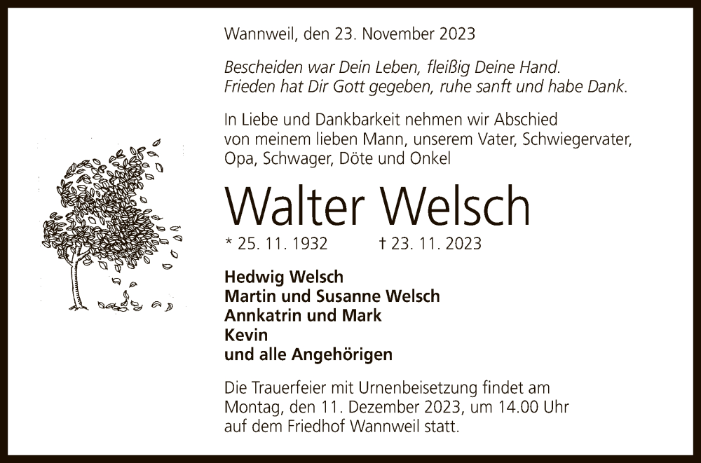  Traueranzeige für Walter Welsch vom 30.11.2023 aus Reutlinger General-Anzeiger