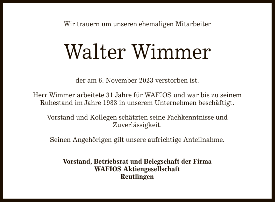 Anzeige von Walter Wimmer von Reutlinger General-Anzeiger