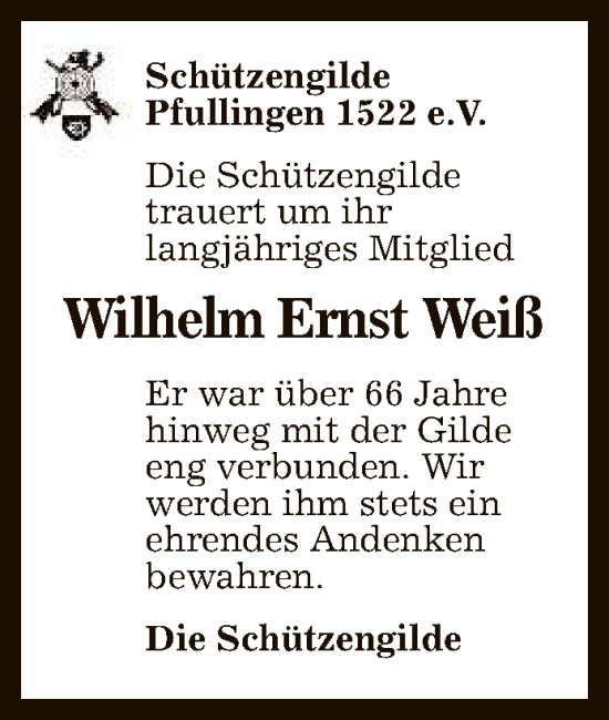Anzeige von Wilhelm Ernst Weiß von Reutlinger General-Anzeiger