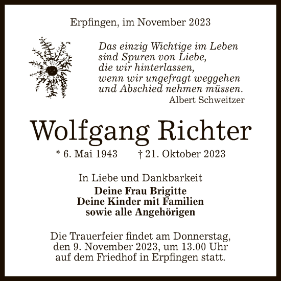 Anzeige von Wolfgang Richter von Reutlinger General-Anzeiger