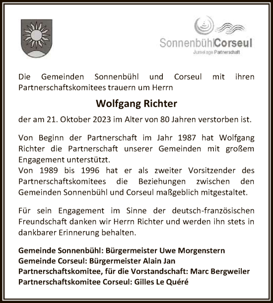 Anzeige von Wolfgang Richter von Reutlinger General-Anzeiger