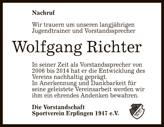 Anzeige von Wolfgang Richter von Reutlinger General-Anzeiger