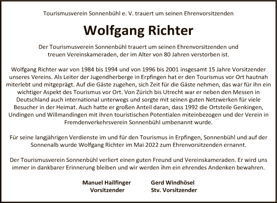 Anzeige von Wolfgang Richter von Reutlinger General-Anzeiger