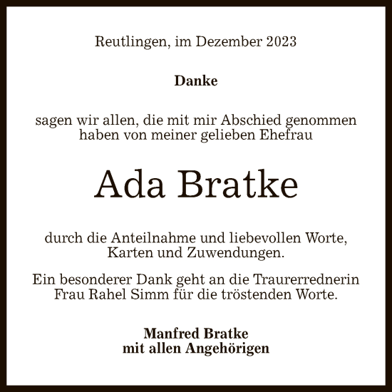 Anzeige von Ada Bratke von Reutlinger General-Anzeiger