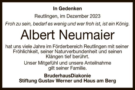 Anzeige von Albert Neumaier von Reutlinger General-Anzeiger