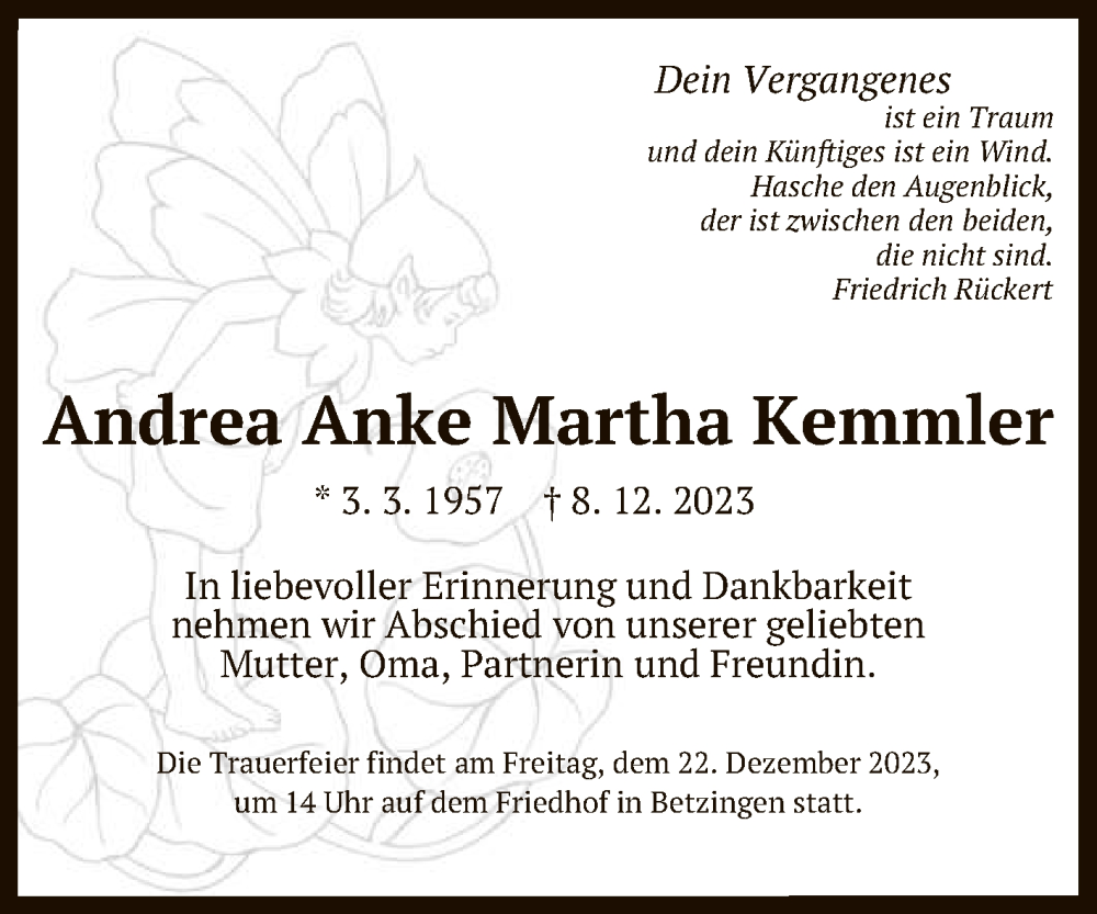  Traueranzeige für Andrea Anke Martha Kemmler vom 13.12.2023 aus Reutlinger General-Anzeiger