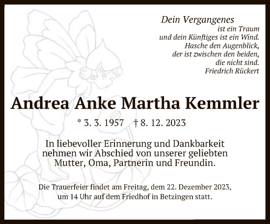 Anzeige von Andrea Anke Martha Kemmler von Reutlinger General-Anzeiger
