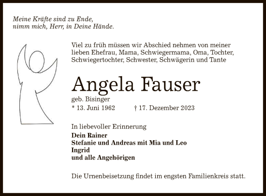 Anzeige von Angela Fauser von Reutlinger General-Anzeiger