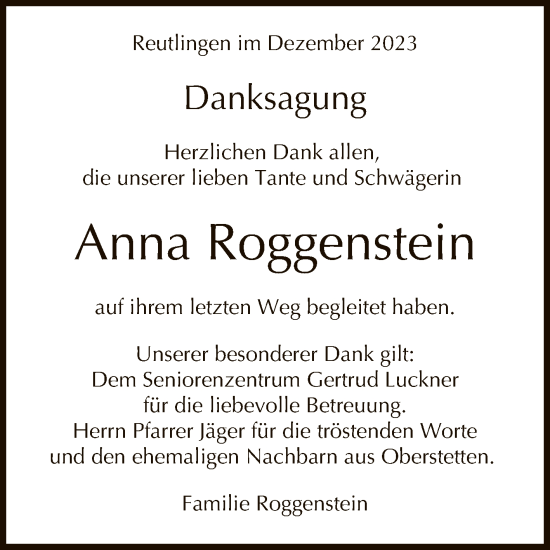 Anzeige von Anna Roggenstein von Reutlinger General-Anzeiger