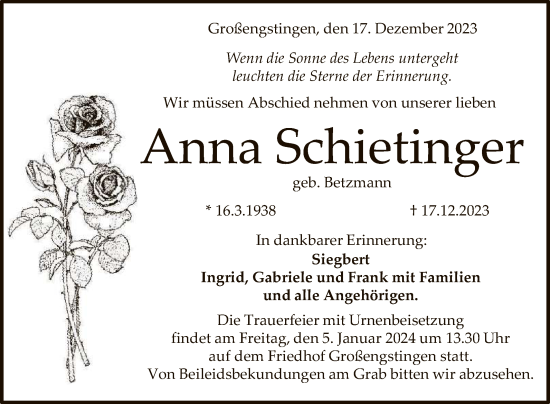 Anzeige von Anna Schietinger von Reutlinger General-Anzeiger