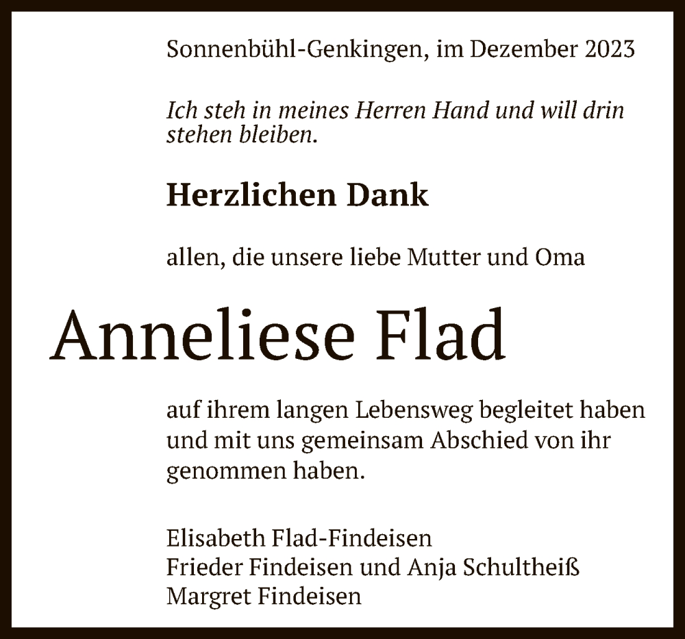  Traueranzeige für Anneliese Flad vom 02.12.2023 aus Reutlinger General-Anzeiger