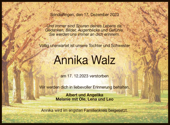 Anzeige von Annika Walz von Reutlinger General-Anzeiger