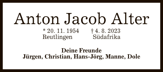 Anzeige von Anton Jacob Alter von Reutlinger General-Anzeiger