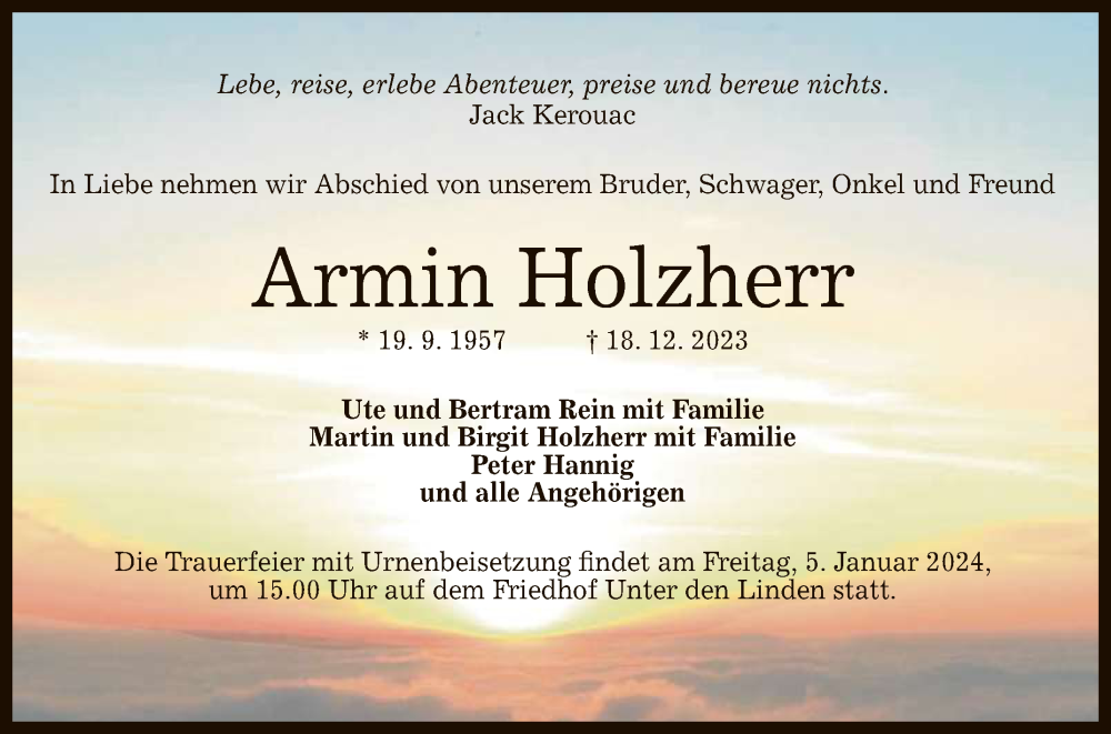  Traueranzeige für Armin Holzherr vom 28.12.2023 aus Reutlinger General-Anzeiger