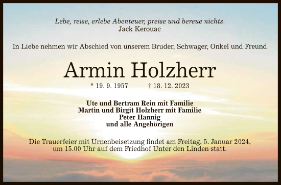 Anzeige von Armin Holzherr von Reutlinger General-Anzeiger