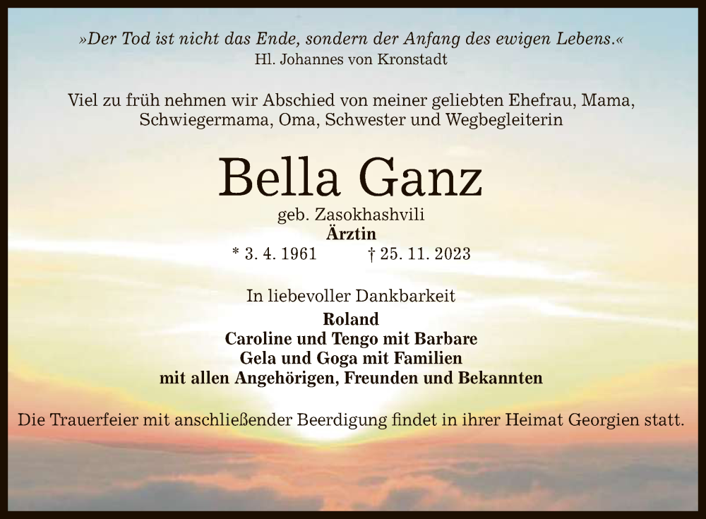  Traueranzeige für Bella Ganz vom 02.12.2023 aus Reutlinger General-Anzeiger