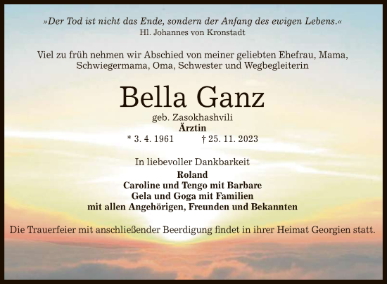 Anzeige von Bella Ganz von Reutlinger General-Anzeiger
